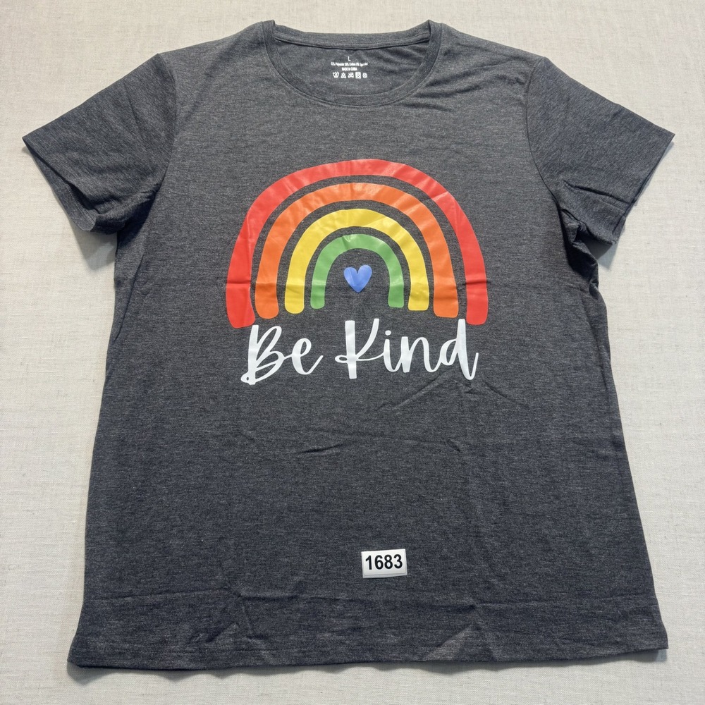 Be Kind Rainbow Tee Women  Sz L Gray Pre-owned
